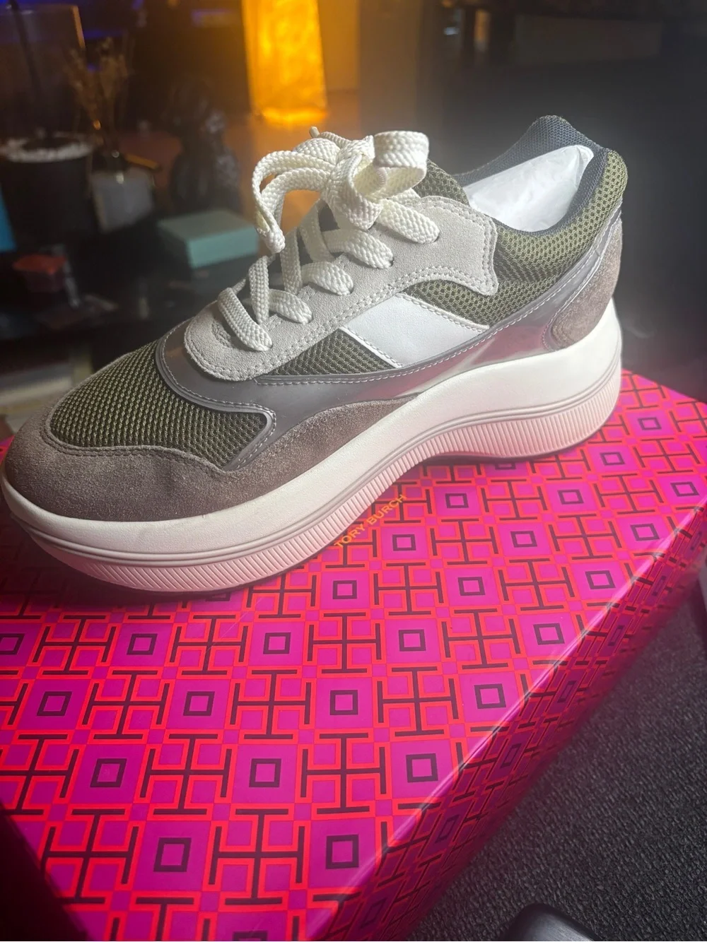 Tory Burch Olive Green and Gray Chunky Lace-Up Sneaker